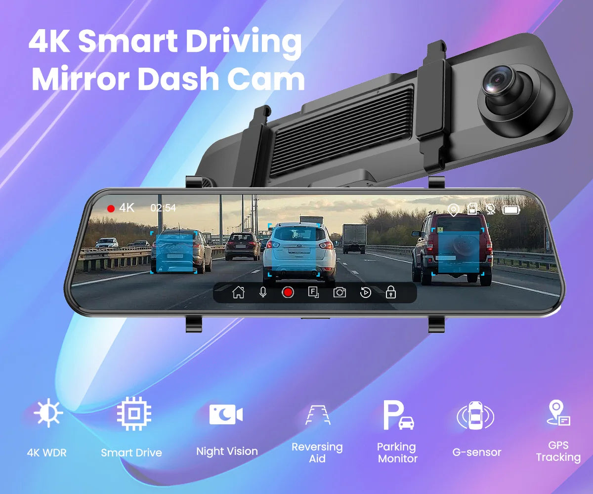 Asnrc 4K Dash Cam 12 Inch ADAS Car DVR with External GPS Support WDR Night Vision G-Sensor Loop Recording Parking