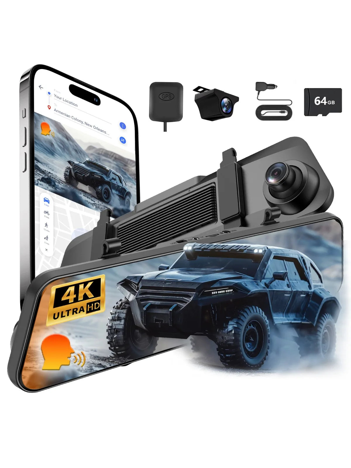 Asnrc 4K Dash Cam 12 Inch ADAS Car DVR with External GPS Support WDR Night Vision G-Sensor Loop Recording Parking